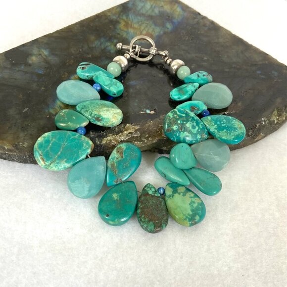 Sterling Silver 925 Teardrop Turquoise Aventurine & Sodalite Beaded Bracelet  7" - Picture 2 of 16